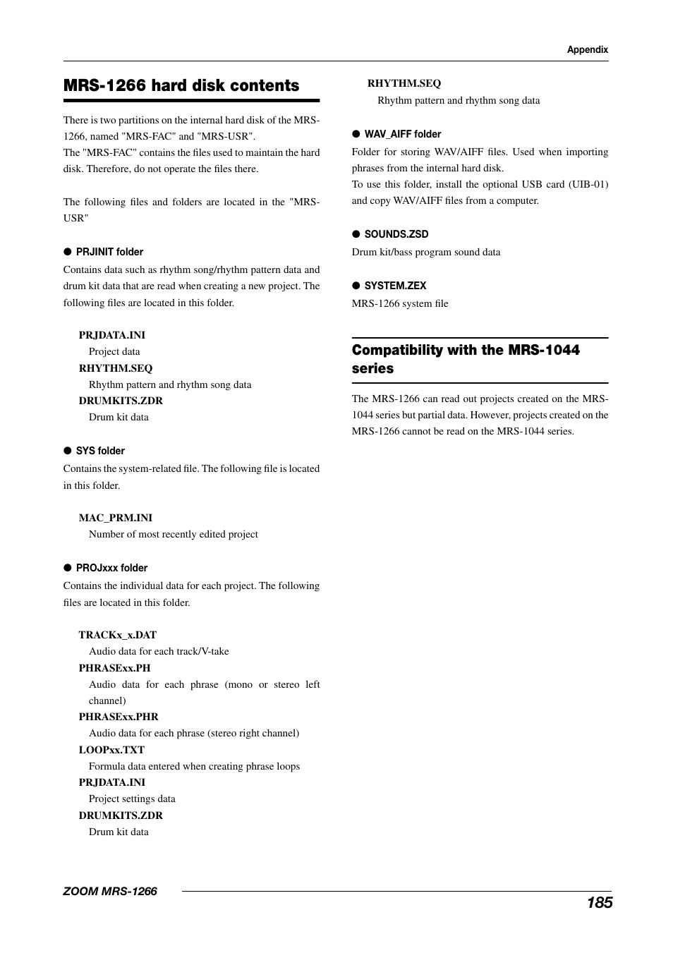 Mrs-1266 hard disk contents, Compatibility with the mrs-1044 series | Zoom MRS-1266 User Manual | Page 185 / 192