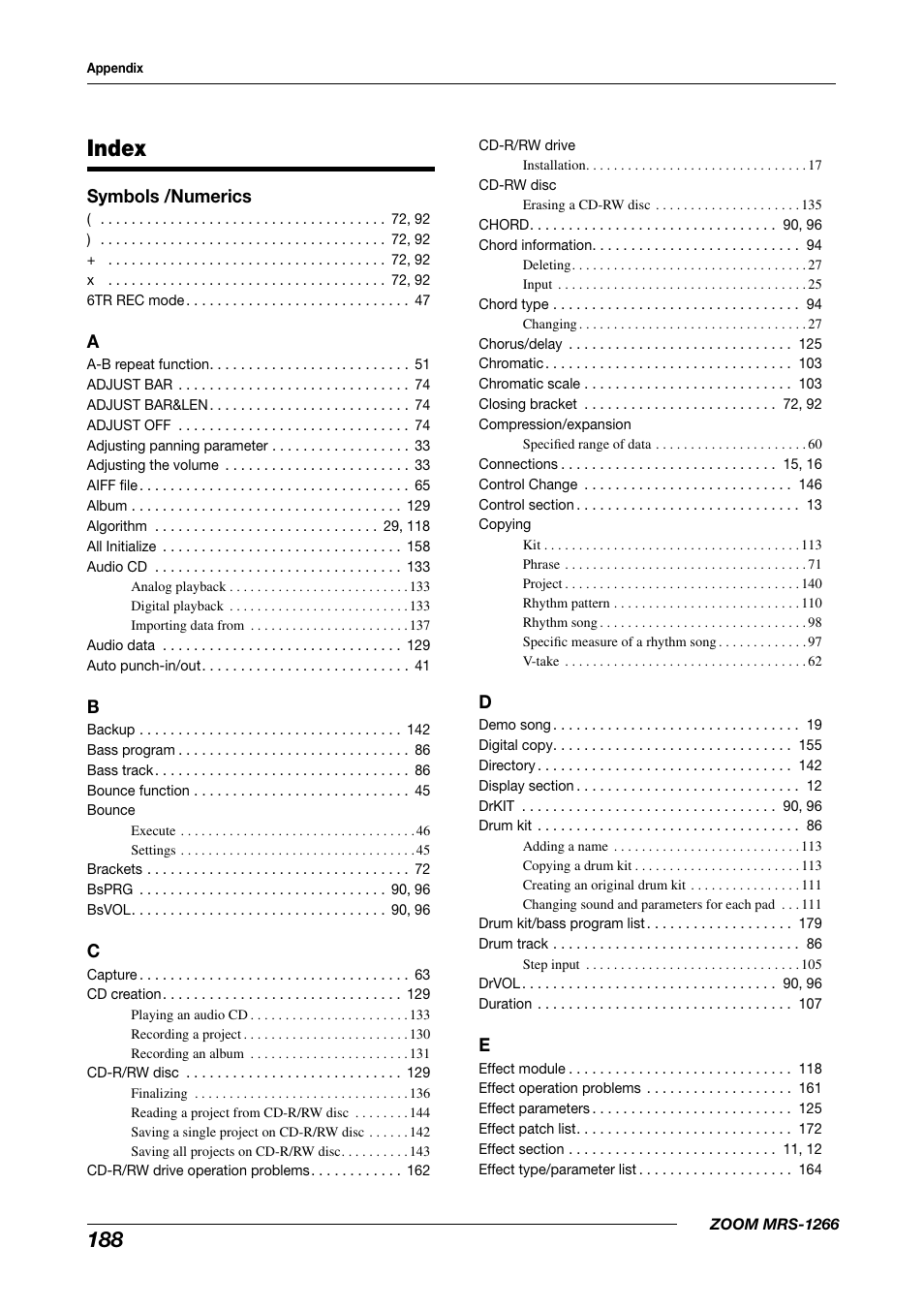 Index, Symbols /numerics | Zoom MRS-1266 User Manual | Page 188 / 192