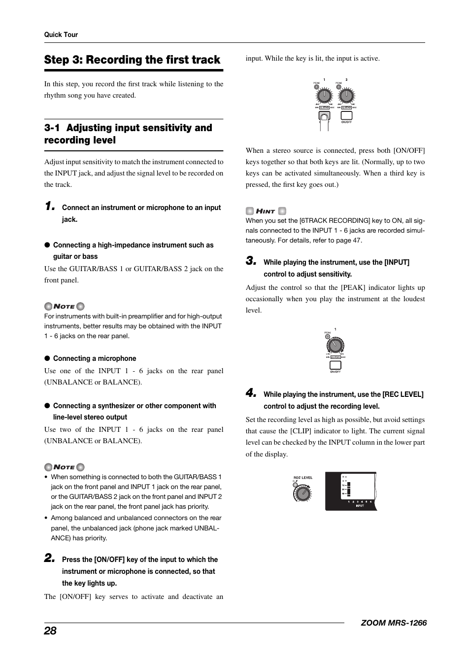 Step 3: recording the first track, 1 adjusting input sensitivity and recording level | Zoom MRS-1266 User Manual | Page 28 / 192