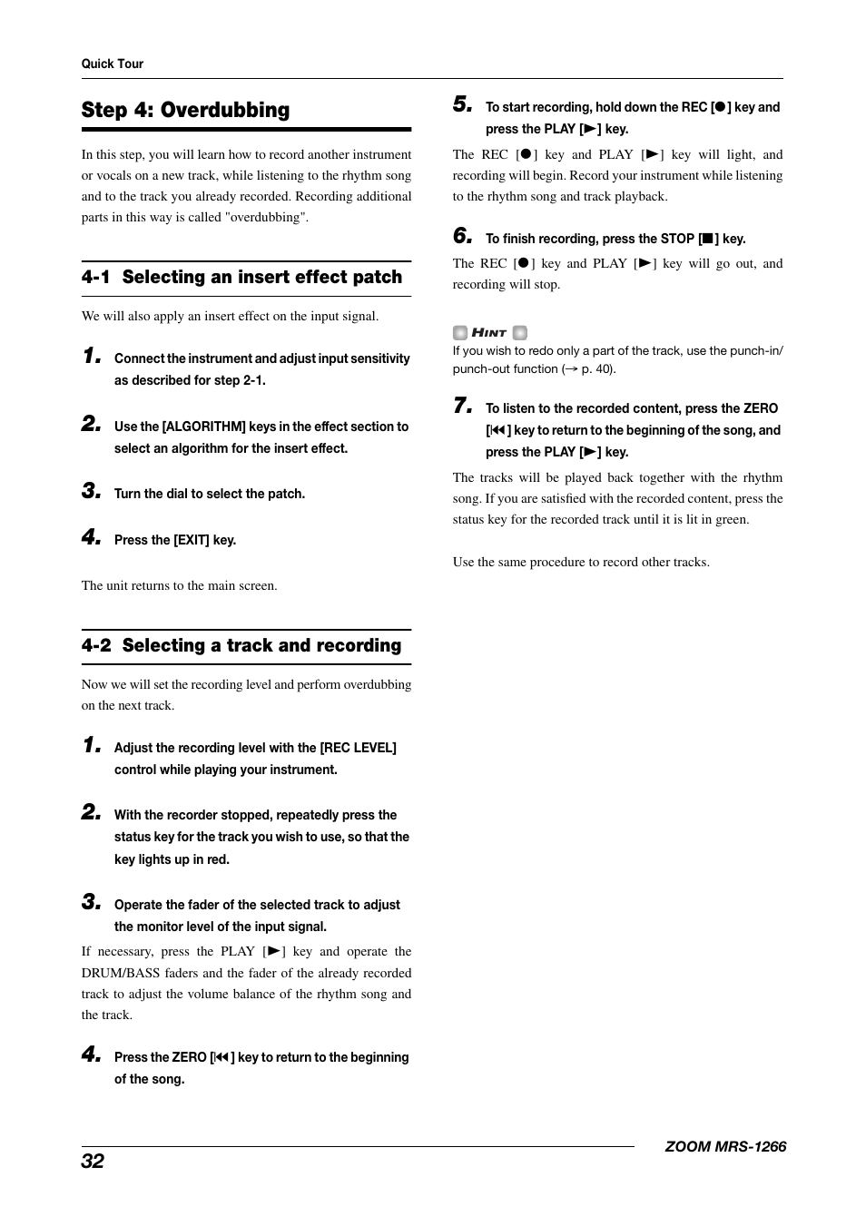 Step 4: overdubbing, 1 selecting an insert effect patch, 2 selecting a track and recording | Zoom MRS-1266 User Manual | Page 32 / 192