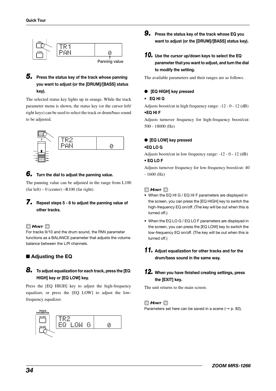 Tr1 tr1 pan pan, Tr2 tr2 pan pan, Tr2 tr2 eq low g eq low g | Zoom MRS-1266 User Manual | Page 34 / 192