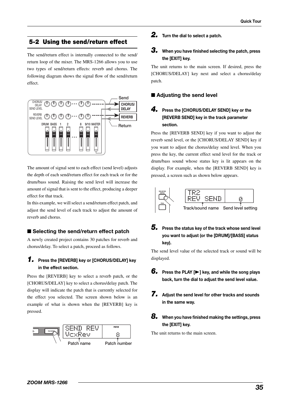Send rev send rev vcxrev vcxrev, Tr2 tr2 rev send rev send, 2 using the send/return effect | Zoom MRS-1266 User Manual | Page 35 / 192