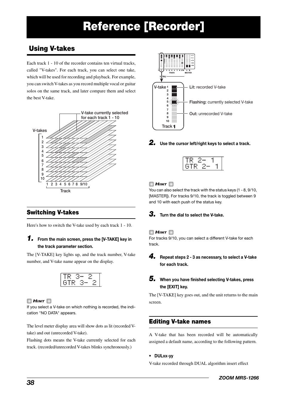 Reference [recorder, Using v-takes, Switching v-takes | Editing v-take names | Zoom MRS-1266 User Manual | Page 38 / 192