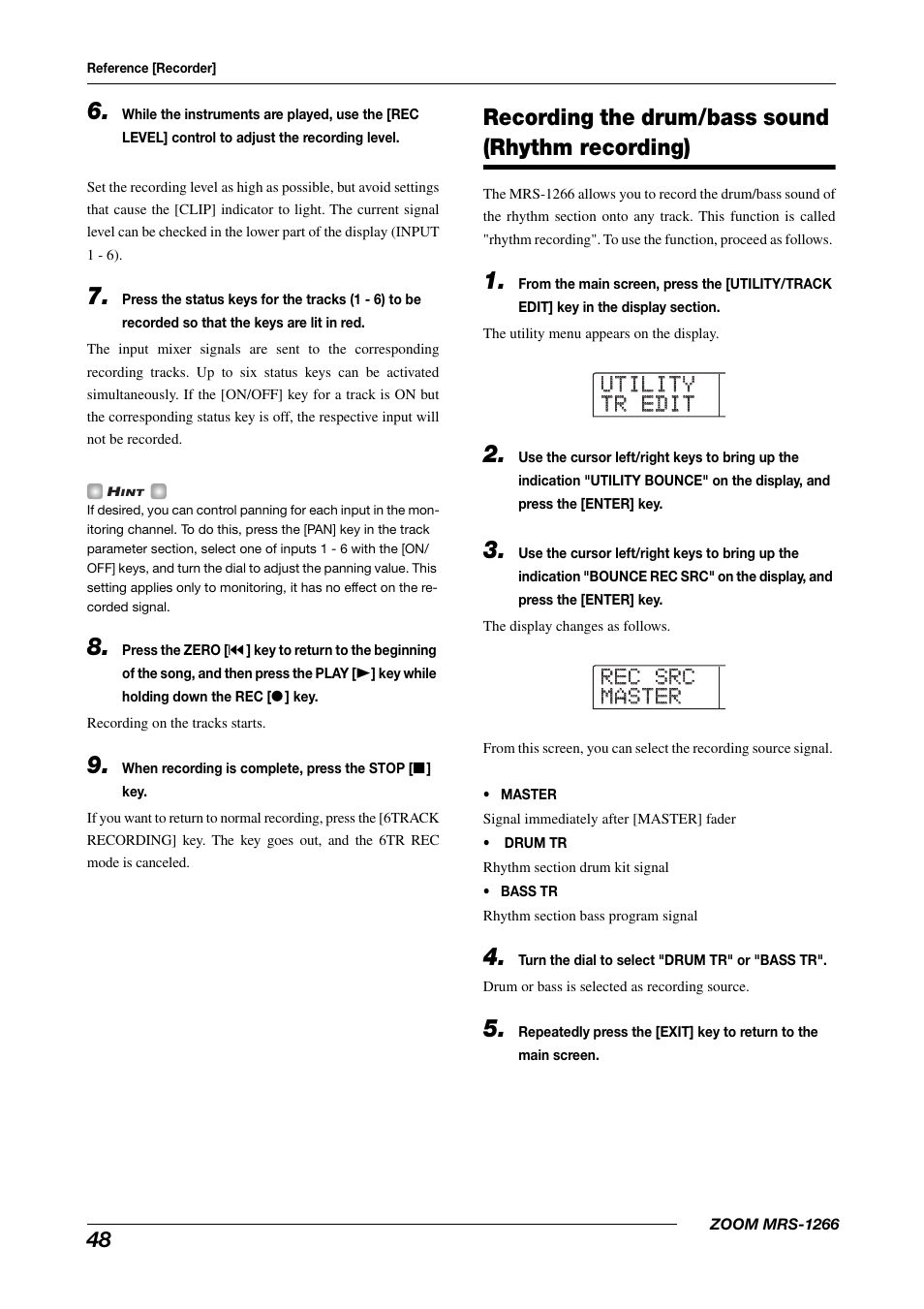 Recording the drum/bass sound (rhythm recording) | Zoom MRS-1266 User Manual | Page 48 / 192