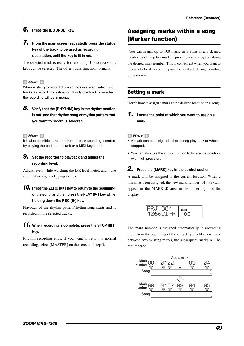 Assigning marks within a song (marker function) | Zoom MRS-1266 User Manual | Page 49 / 192