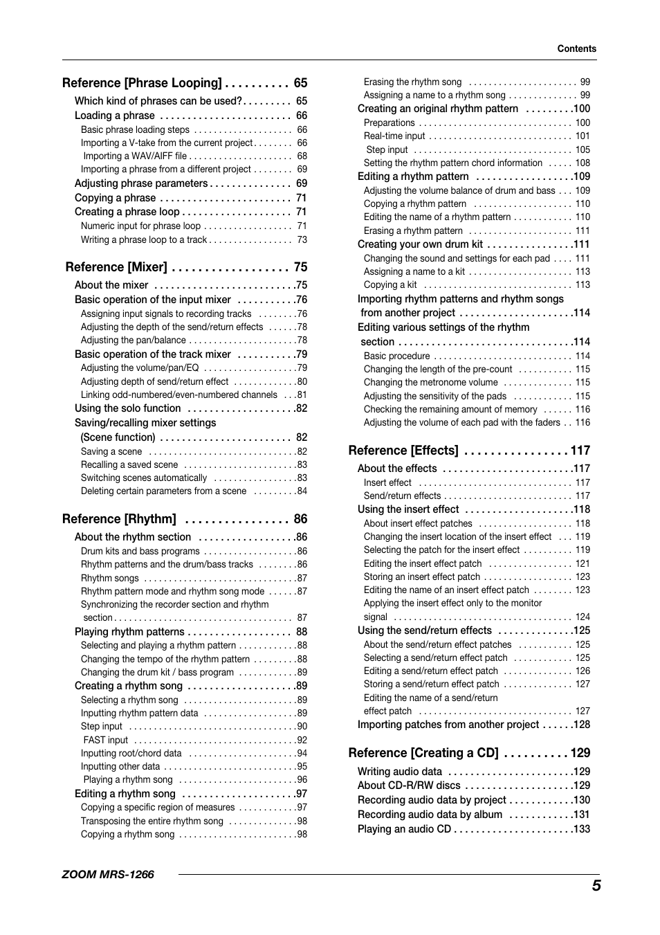 Reference [phrase looping, Reference [mixer, Reference [rhythm | Reference [effects, Reference [creating a cd | Zoom MRS-1266 User Manual | Page 5 / 192