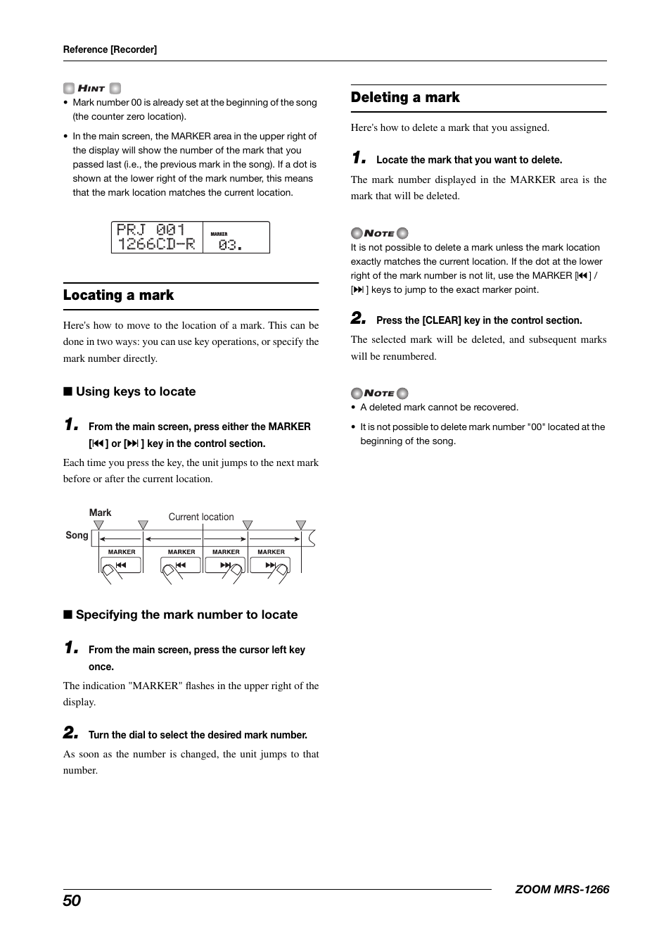 Locating a mark, Deleting a mark | Zoom MRS-1266 User Manual | Page 50 / 192