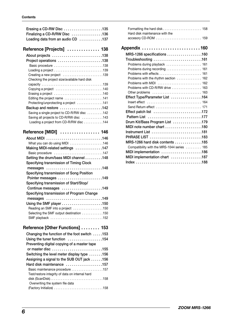 Reference [projects, Reference [midi, Reference [other functions | Appendix | Zoom MRS-1266 User Manual | Page 6 / 192