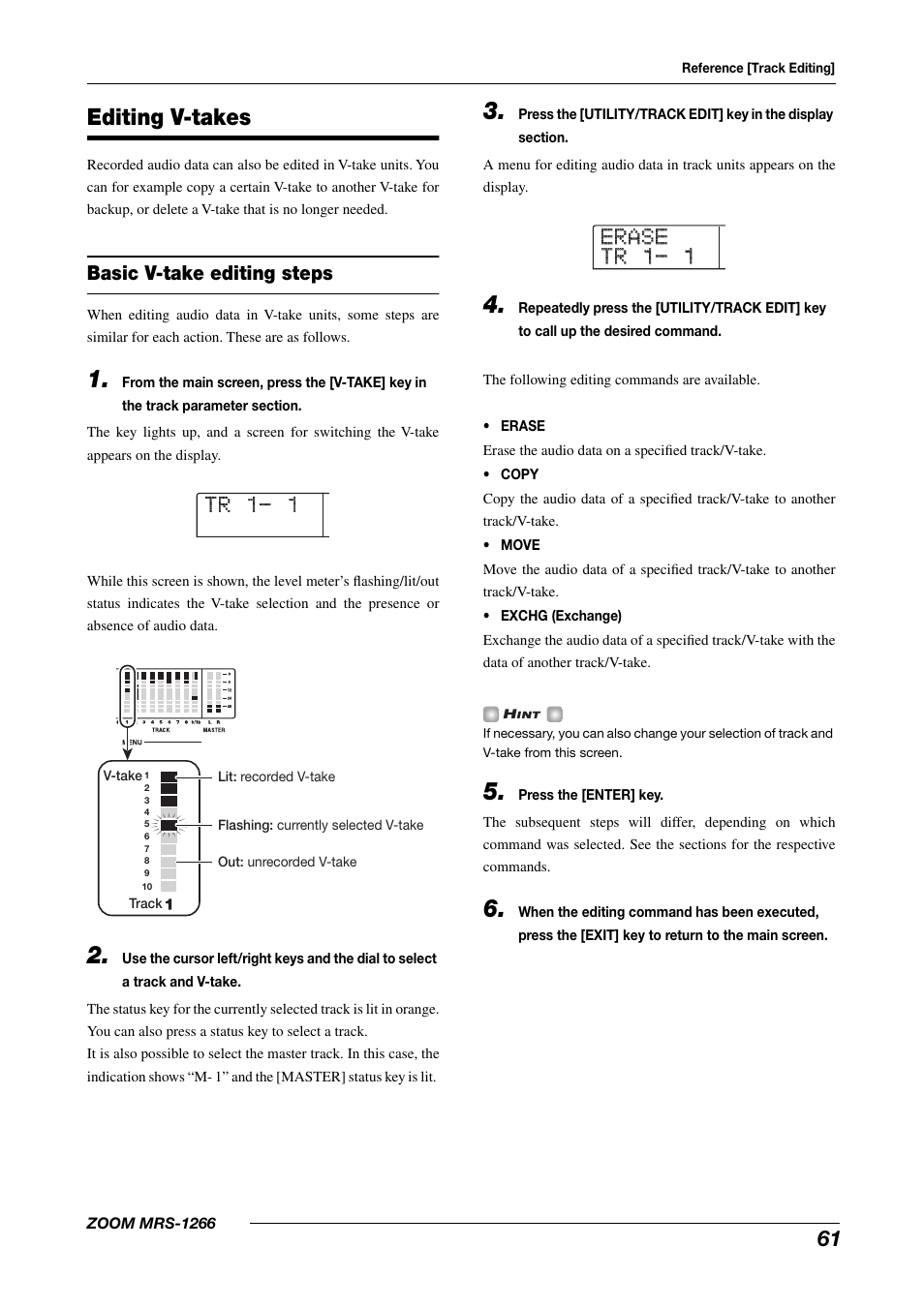 Tr 1- 1, Erase erase tr 1- 1 tr 1- 1, Editing v-takes | Basic v-take editing steps | Zoom MRS-1266 User Manual | Page 61 / 192