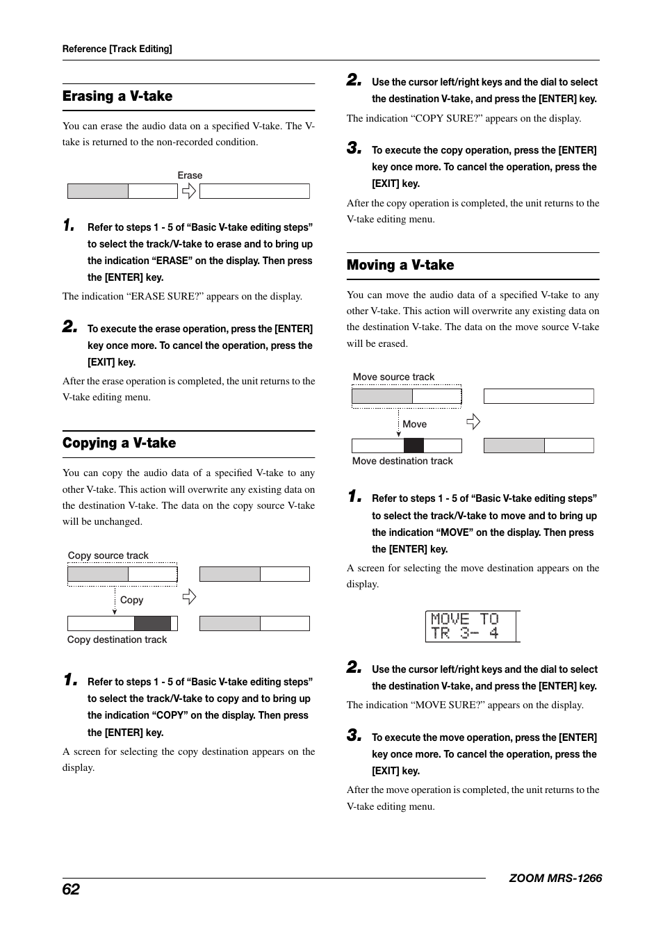 Move to move to tr 3- 4 tr 3- 4, Erasing a v-take, Copying a v-take | Moving a v-take | Zoom MRS-1266 User Manual | Page 62 / 192