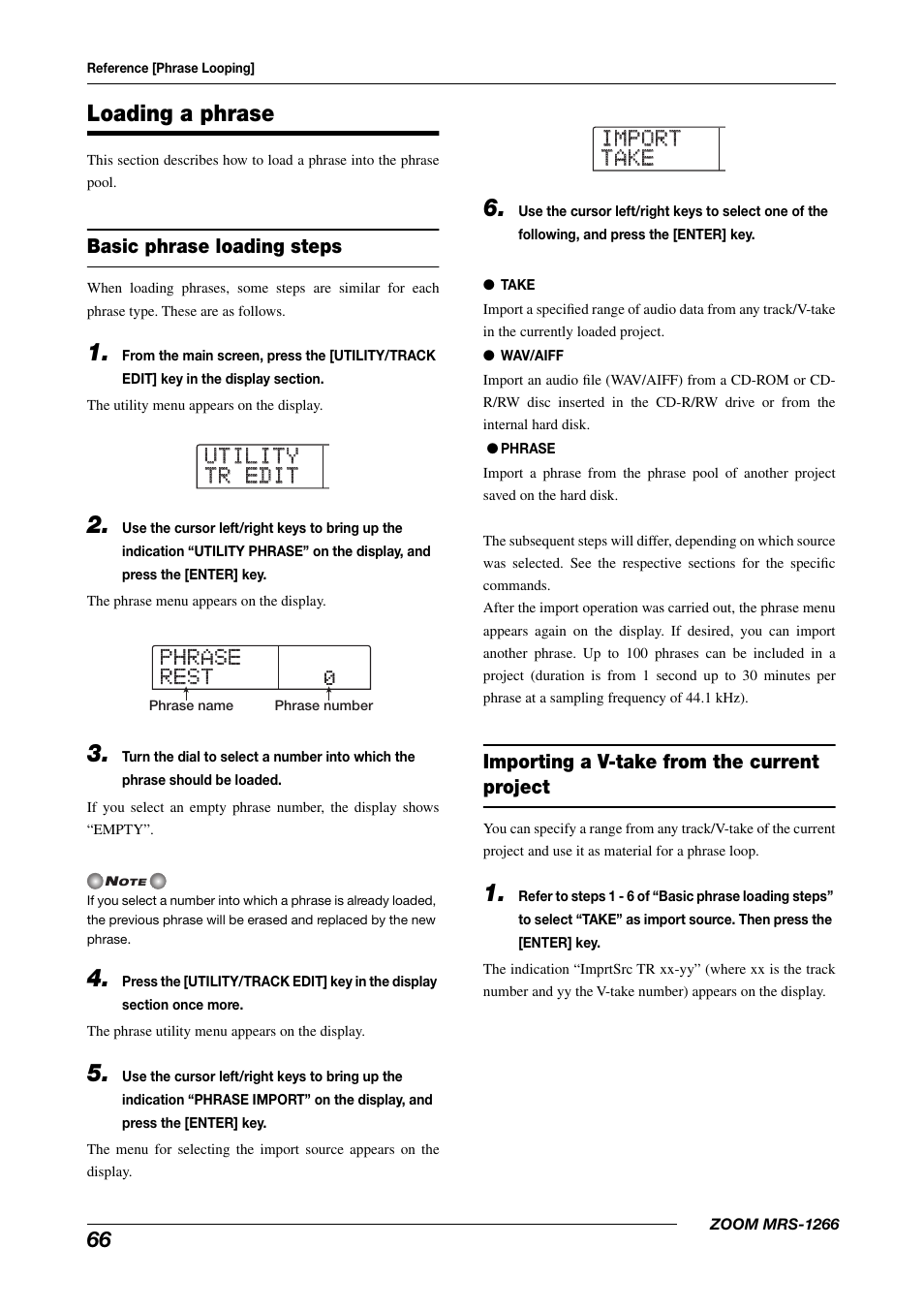 Utility utility tr edit tr edit, Phrase phrase rest rest, Import import take take | Loading a phrase | Zoom MRS-1266 User Manual | Page 66 / 192