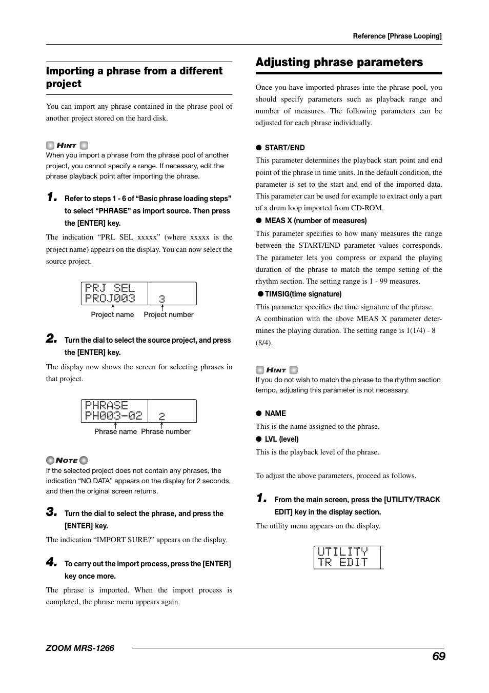 Utility utility tr edit tr edit, Adjusting phrase parameters | Zoom MRS-1266 User Manual | Page 69 / 192
