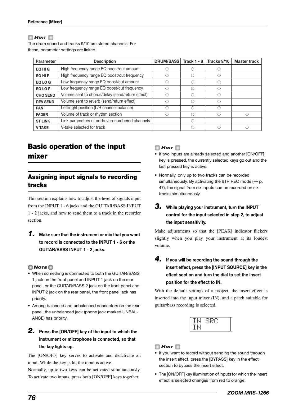 Basic operation of the input mixer, Assigning input signals to recording tracks | Zoom MRS-1266 User Manual | Page 76 / 192
