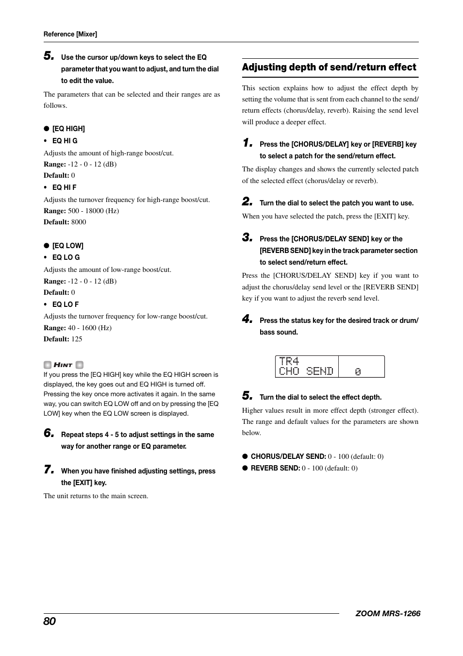 Tr4 tr4 cho send cho send, Adjusting depth of send/return effect | Zoom MRS-1266 User Manual | Page 80 / 192