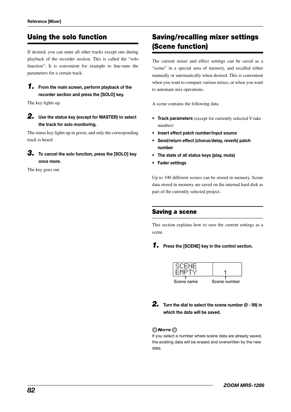 Scene scene empty empty, Using the solo function, Saving/recalling mixer settings (scene function) | Zoom MRS-1266 User Manual | Page 82 / 192