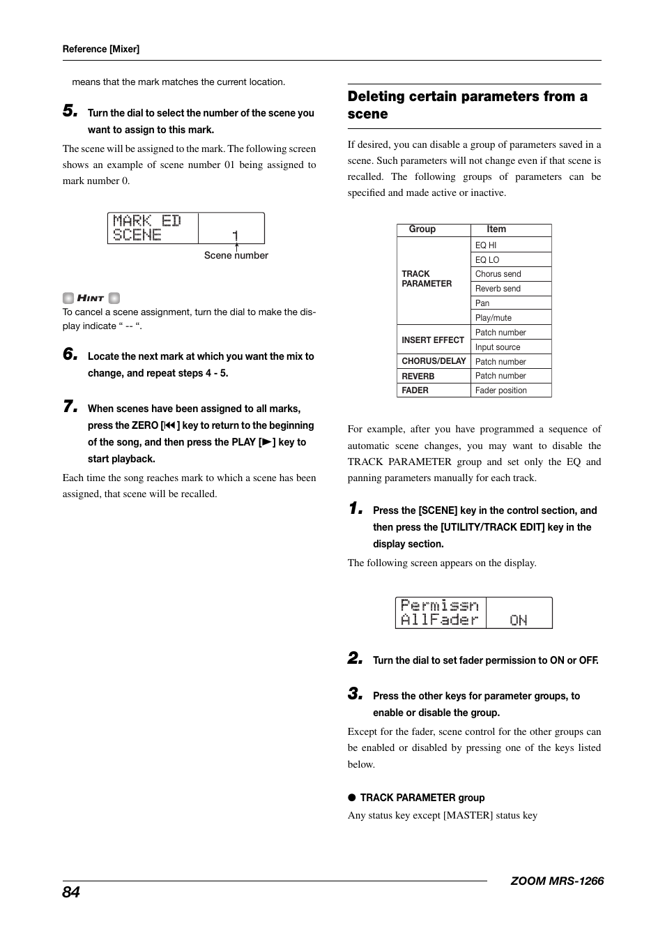Mark ed mark ed scene scene, Permissn permissn allfader allfader, Deleting certain parameters from a scene | Zoom MRS-1266 User Manual | Page 84 / 192