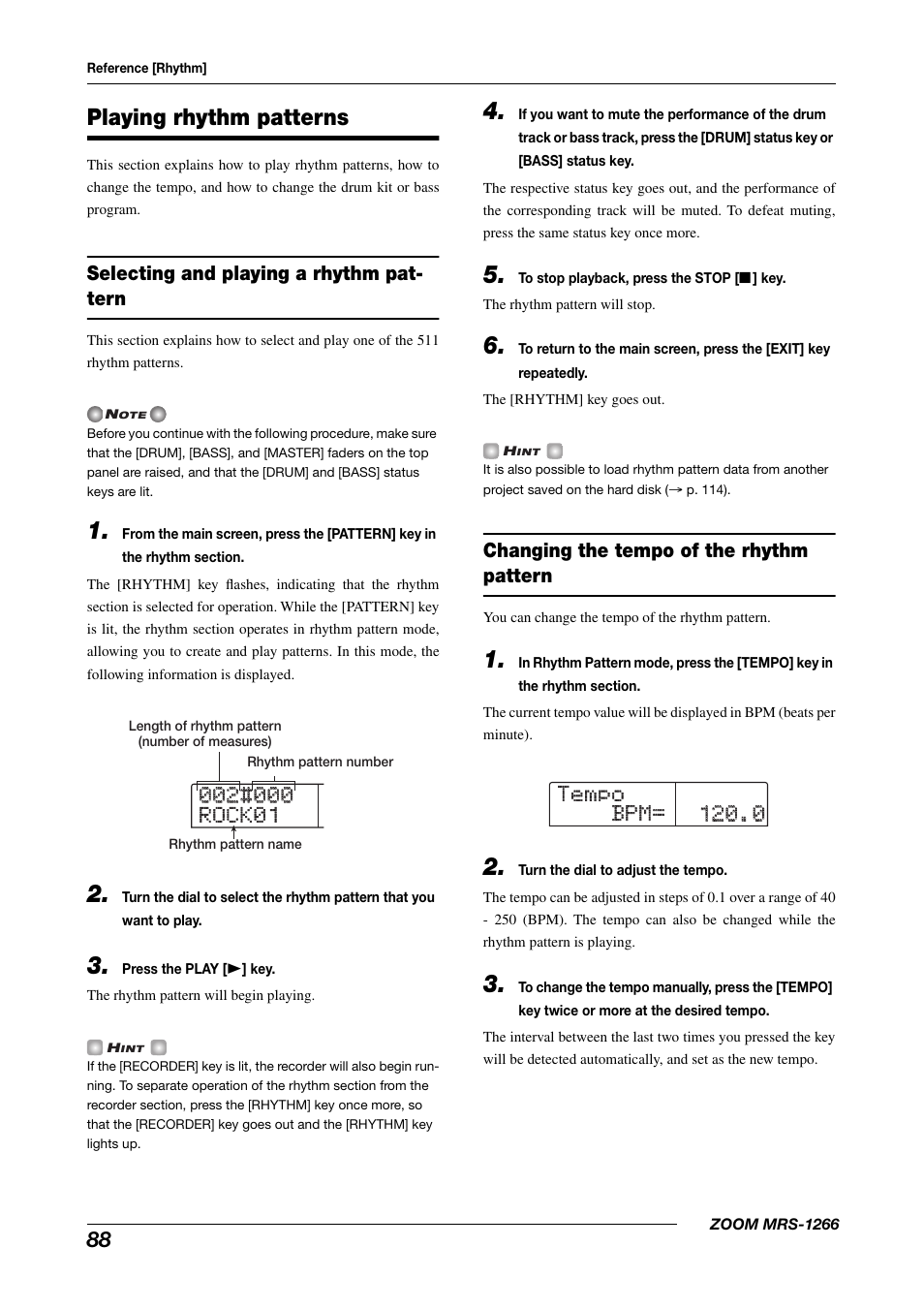 Playing rhythm patterns, Selecting and playing a rhythm pat- tern, Changing the tempo of the rhythm pattern | Zoom MRS-1266 User Manual | Page 88 / 192