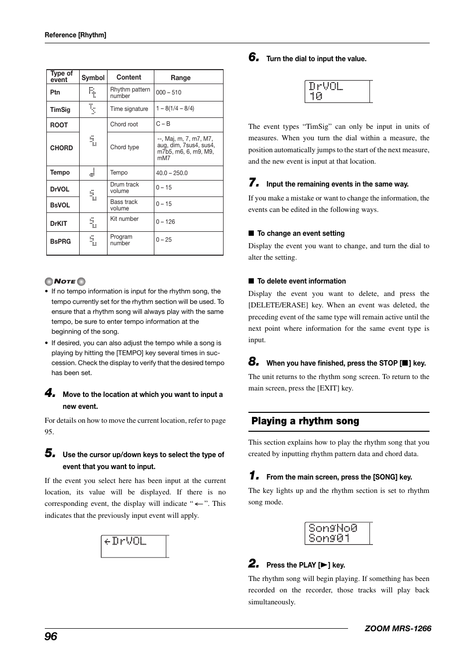 Drvol, Playing a rhythm song | Zoom MRS-1266 User Manual | Page 96 / 192