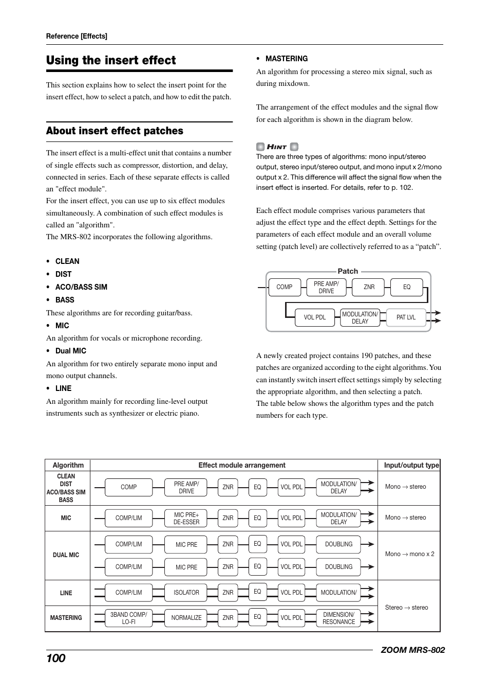 Using the insert effect, About insert effect patches | Zoom MRS-802 User Manual | Page 100 / 172