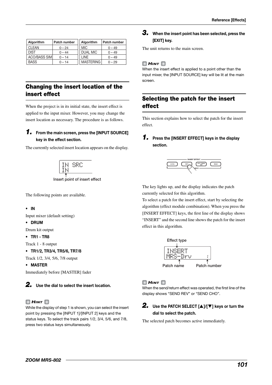 Insert insert mrs-drv mrs-drv, Changing the insert location of the insert effect, Selecting the patch for the insert effect | Zoom MRS-802 User Manual | Page 101 / 172