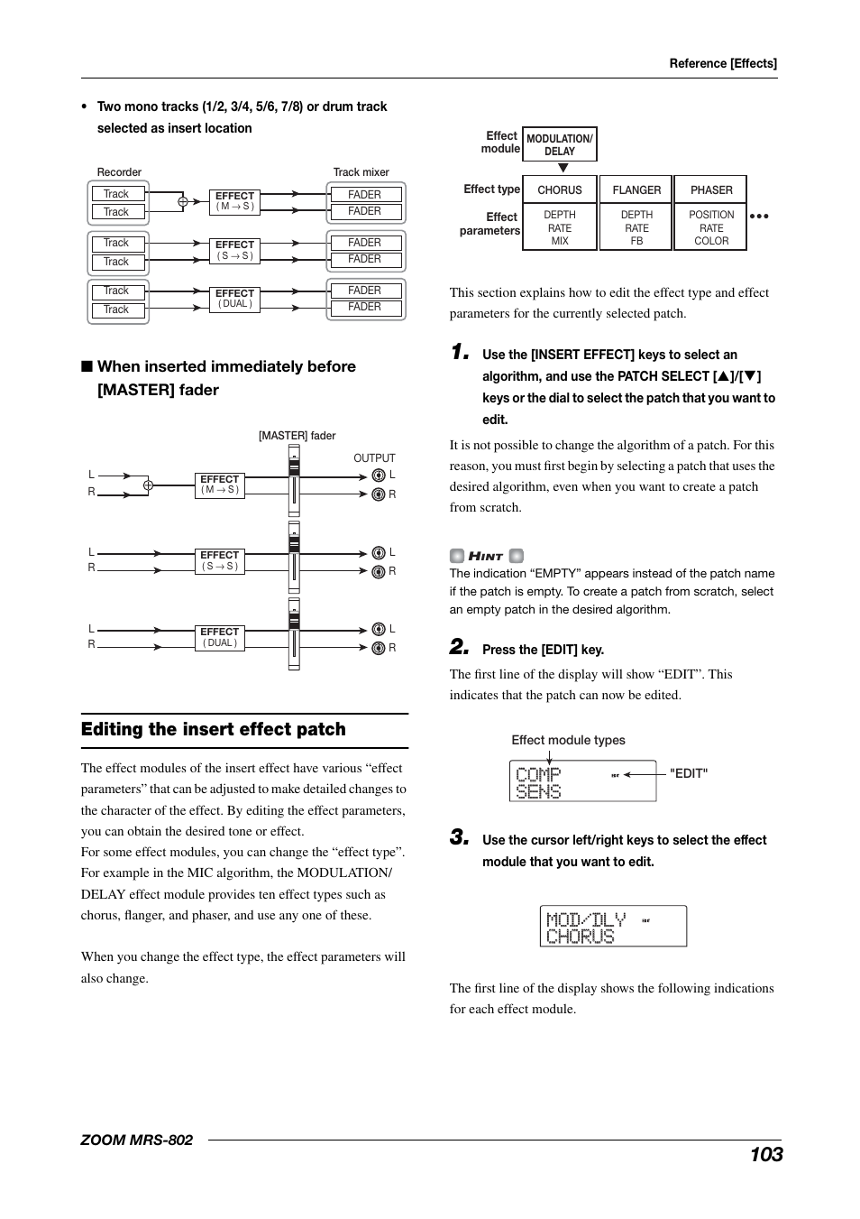 Editing the insert effect patch, Comp comp sens sens mod/dly mod/dly chorus chorus | Zoom MRS-802 User Manual | Page 103 / 172