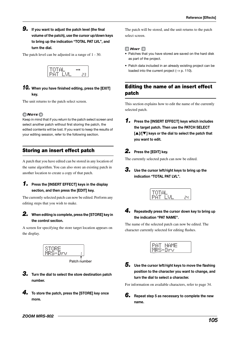 Total total pat lvl pat lvl, Store store mrs-drv mrs-drv, Pat name pat name mrs-drv mrs-drv | Zoom MRS-802 User Manual | Page 105 / 172
