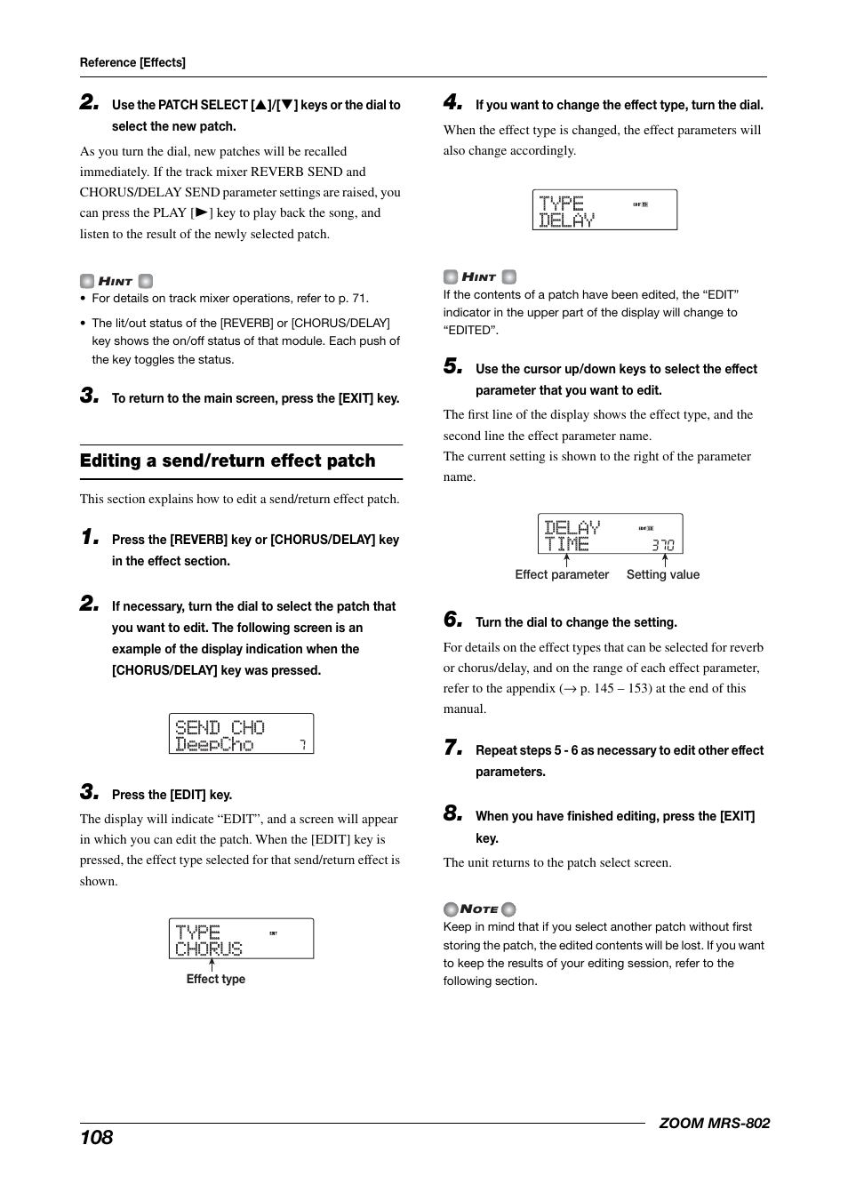 Editing a send/return effect patch, Send cho send cho deepcho deepcho, Type type chorus chorus type type delay delay | Delay delay time time | Zoom MRS-802 User Manual | Page 108 / 172