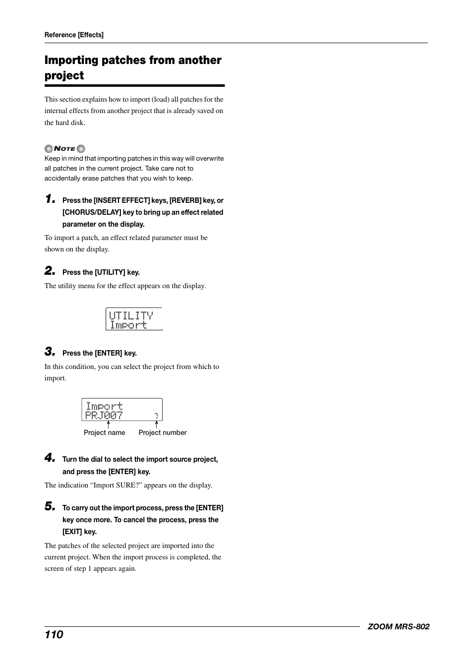 Importing patches from another project, Utility utility import import | Zoom MRS-802 User Manual | Page 110 / 172