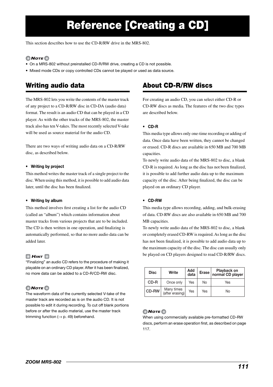 Reference [creating a cd, Writing audio data about cd-r/rw discs, Writing audio data | About cd-r/rw discs | Zoom MRS-802 User Manual | Page 111 / 172