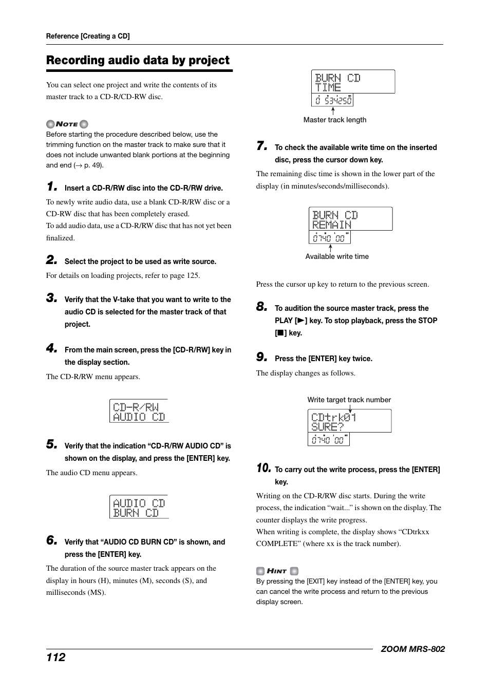 Recording audio data by project, Burn cd burn cd remain remain, Cdtrk01 cdtrk01 sure? sure | Zoom MRS-802 User Manual | Page 112 / 172