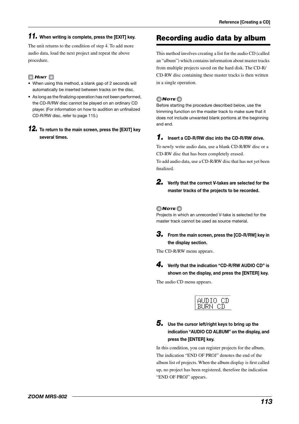 Recording audio data by album, Audio cd audio cd burn cd burn cd | Zoom MRS-802 User Manual | Page 113 / 172
