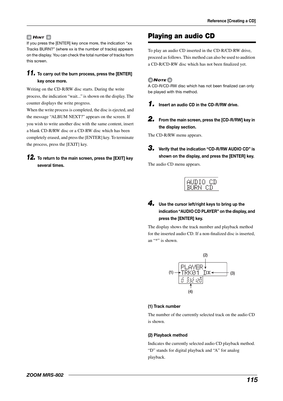Playing an audio cd | Zoom MRS-802 User Manual | Page 115 / 172