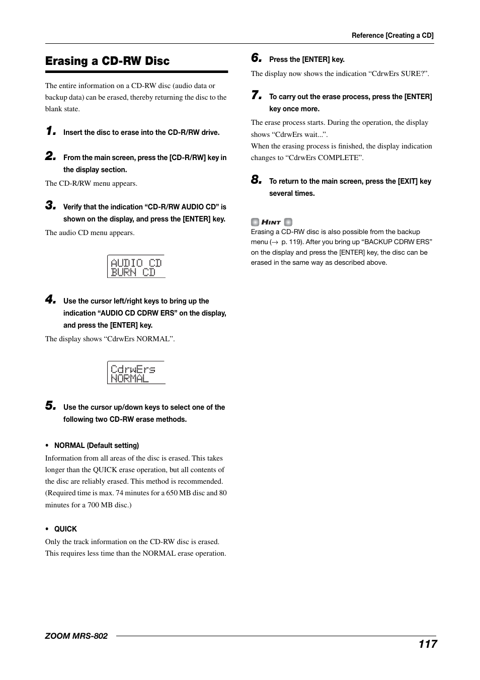 Erasing a cd-rw disc | Zoom MRS-802 User Manual | Page 117 / 172