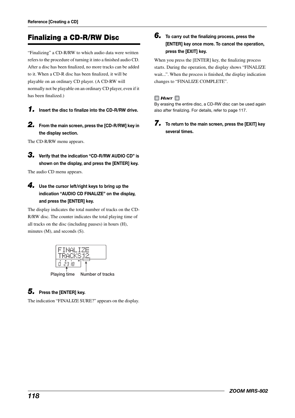Finalizing a cd-r/rw disc, Finalize finalize tracks12 tracks12 | Zoom MRS-802 User Manual | Page 118 / 172