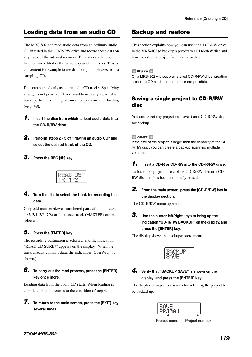 Loading data from an audio cd backup and restore, Saving a single project to cd-r/rw disc, Loading data from an audio cd | Backup and restore | Zoom MRS-802 User Manual | Page 119 / 172