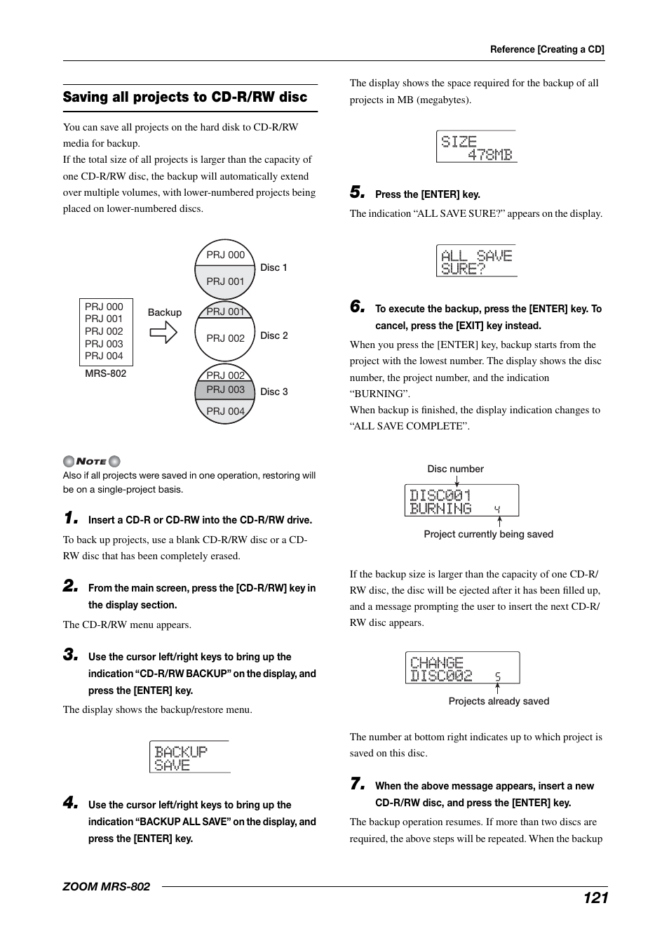 Saving all projects to cd-r/rw disc | Zoom MRS-802 User Manual | Page 121 / 172