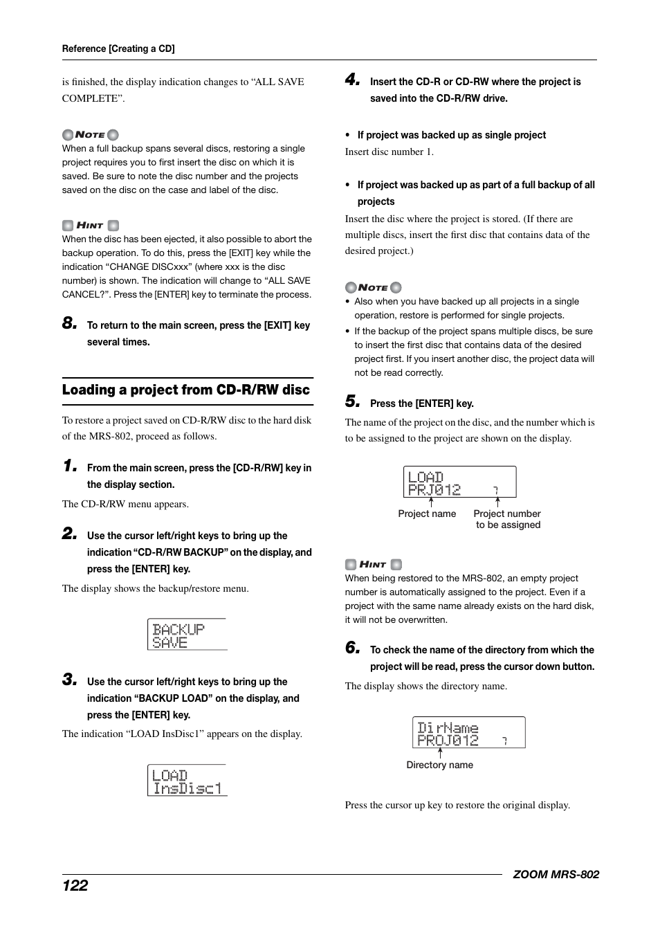 Loading a project from cd-r/rw disc | Zoom MRS-802 User Manual | Page 122 / 172