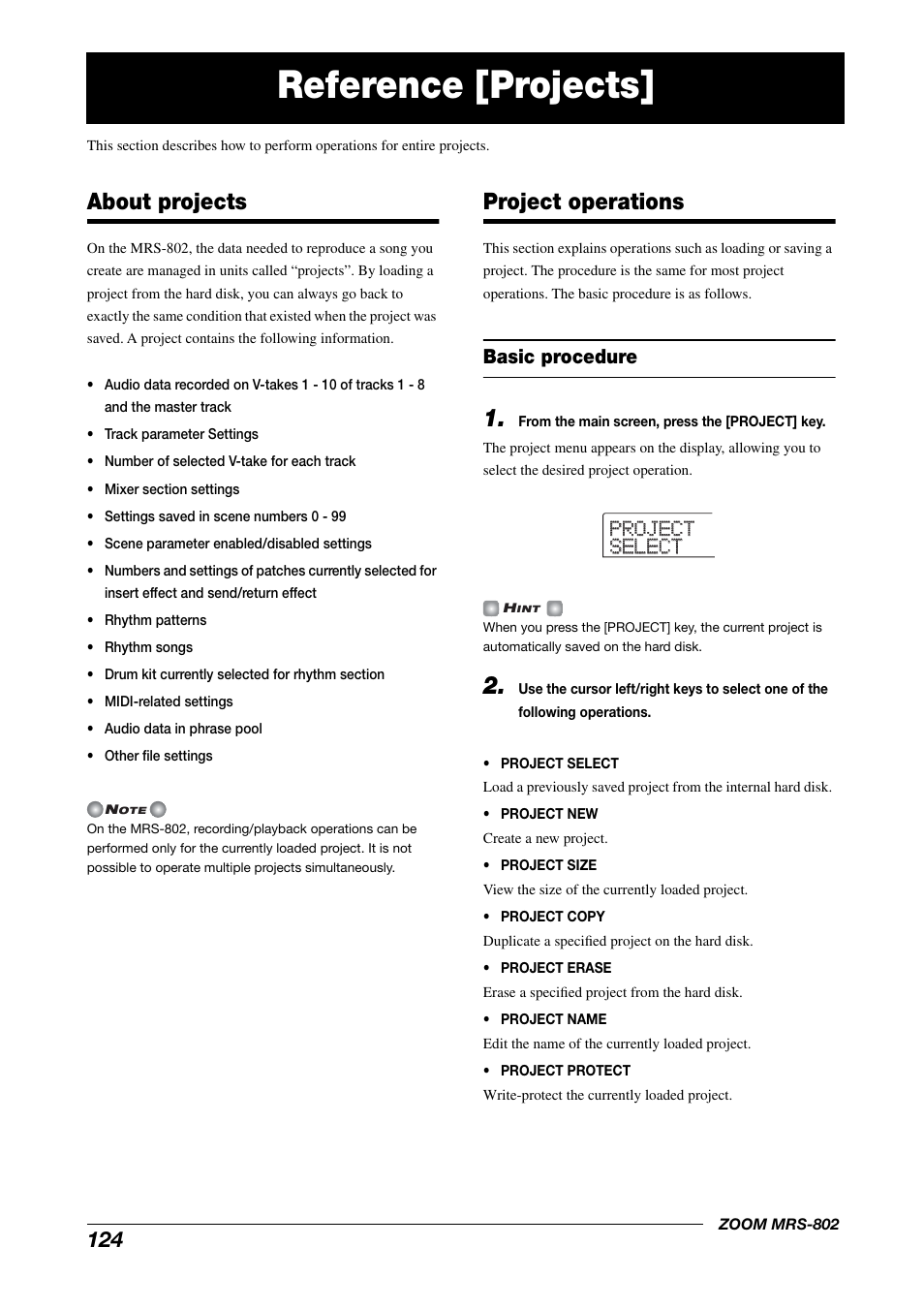 Reference [projects, About projects project operations, Basic procedure | Project project select select, About projects, Project operations | Zoom MRS-802 User Manual | Page 124 / 172