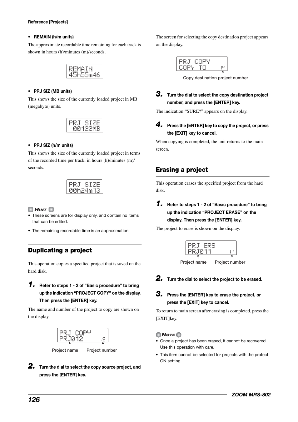 Duplicating a project erasing a project, Prj copy prj copy copy to copy to | Zoom MRS-802 User Manual | Page 126 / 172