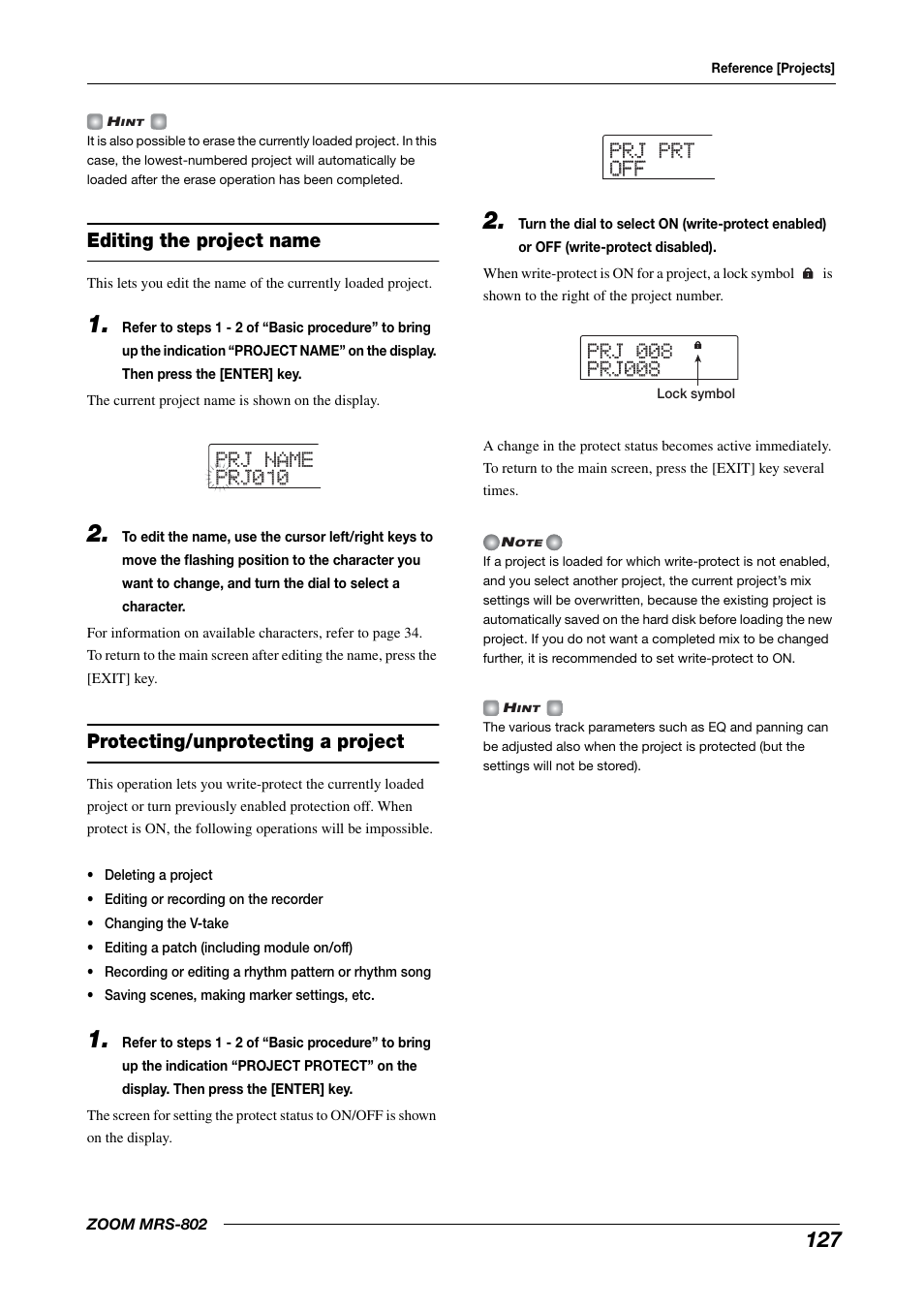 Editing the project name, Protecting/unprotecting a project | Zoom MRS-802 User Manual | Page 127 / 172