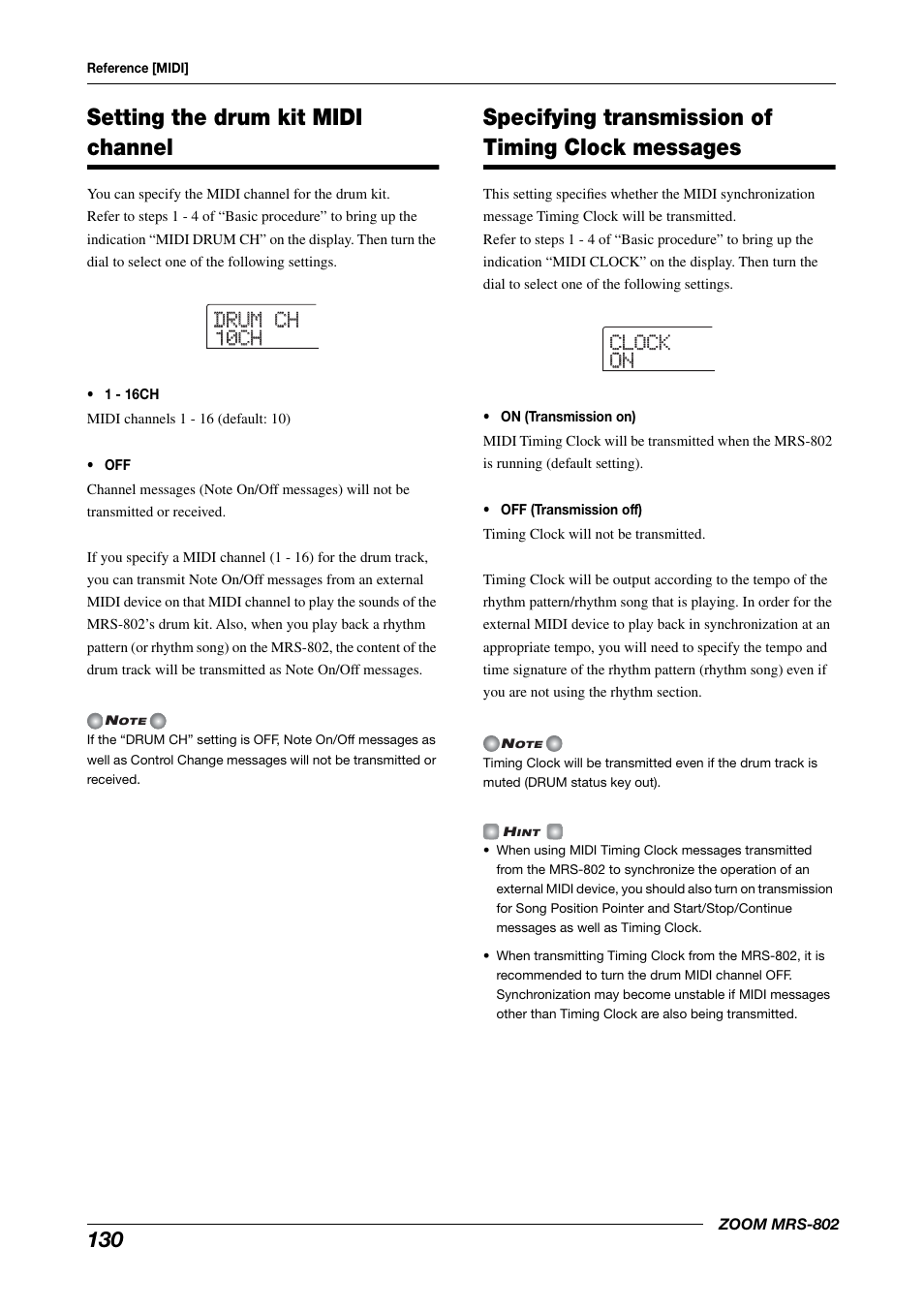 Messages, Drum ch drum ch 10ch 10ch clock clock on on, Setting the drum kit midi channel | Specifying transmission of timing clock messages | Zoom MRS-802 User Manual | Page 130 / 172