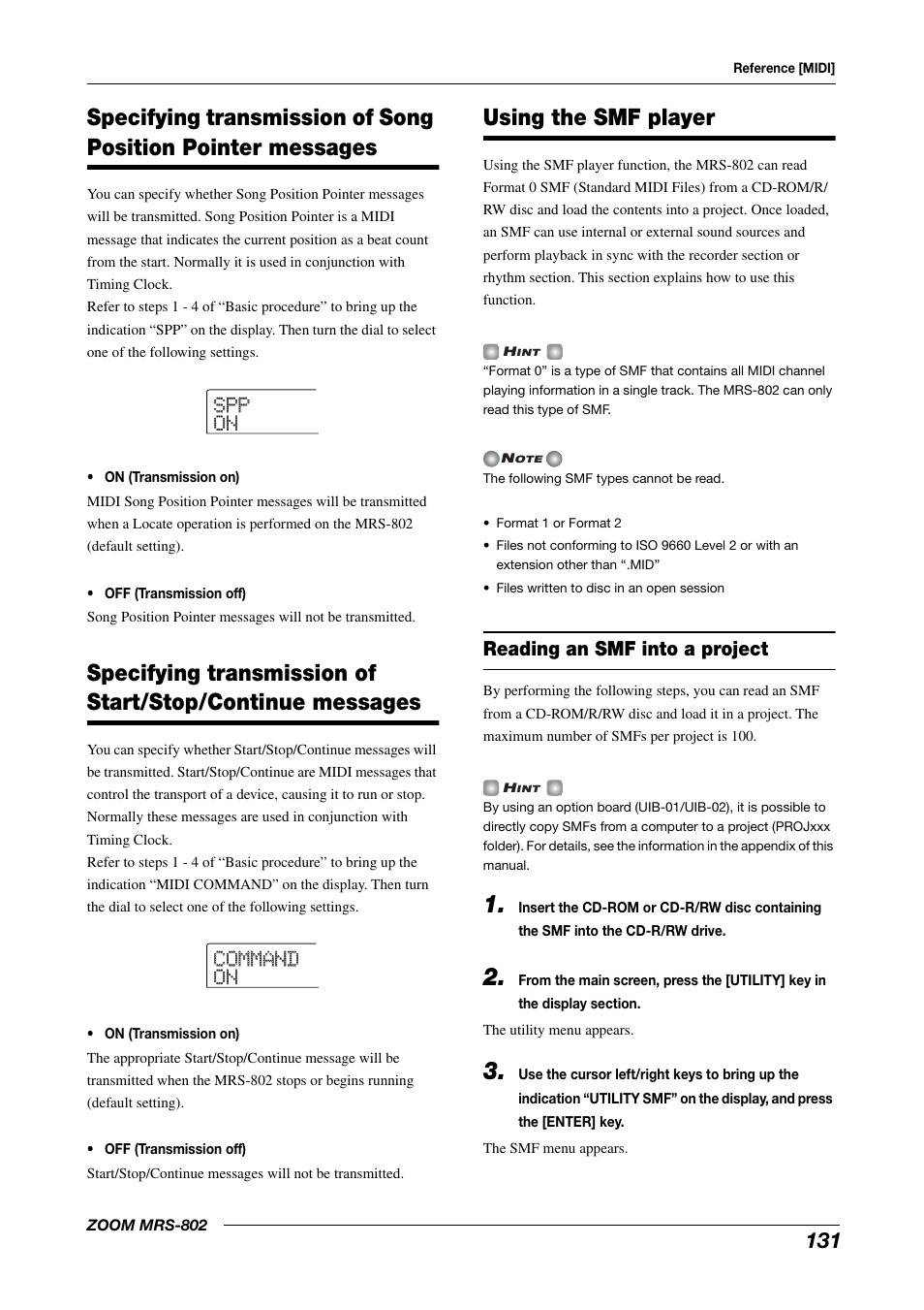 Specifying transmission of song position, Pointer messages, Specifying transmission of start/stop | Continue messages, Using the smf player, Reading an smf into a project, Spp spp on on command command on on | Zoom MRS-802 User Manual | Page 131 / 172