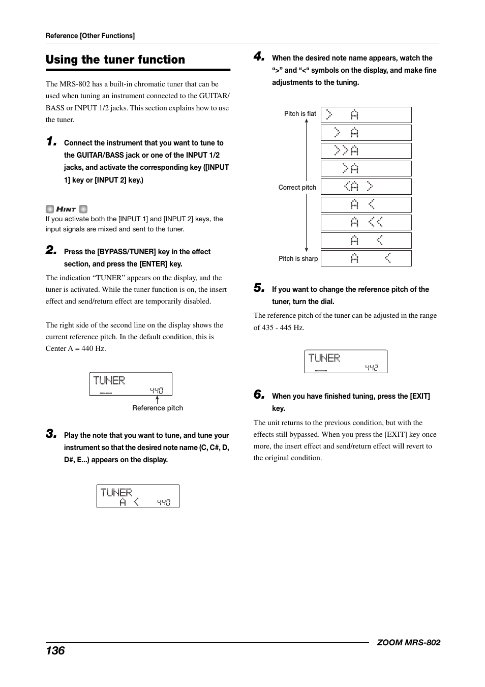 Using the tuner function, Tuner tuner, Tuner tuner a < a | Zoom MRS-802 User Manual | Page 136 / 172