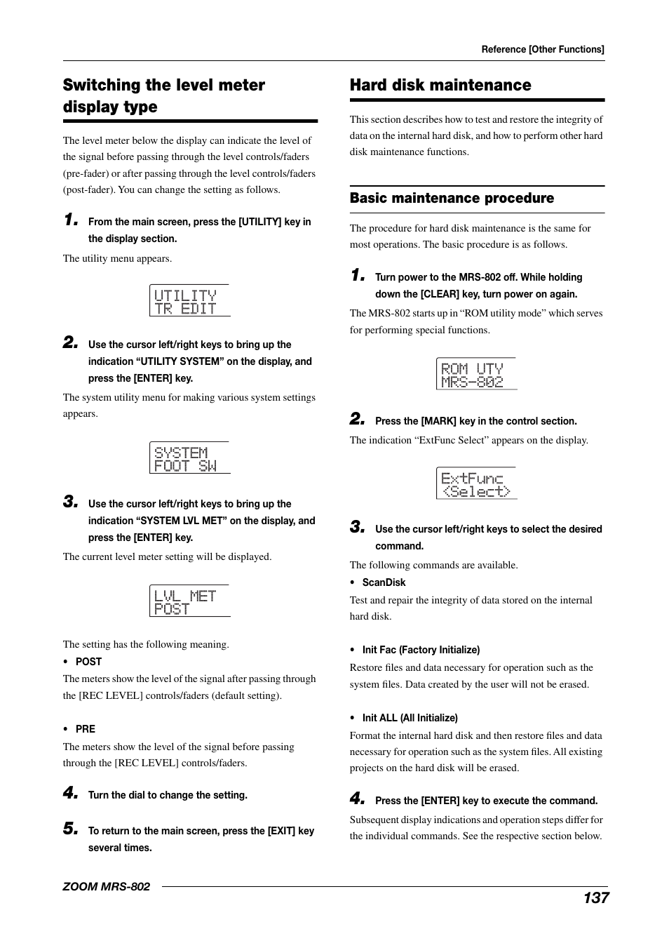 Basic maintenance procedure, Switching the level meter display type, Hard disk maintenance | Zoom MRS-802 User Manual | Page 137 / 172