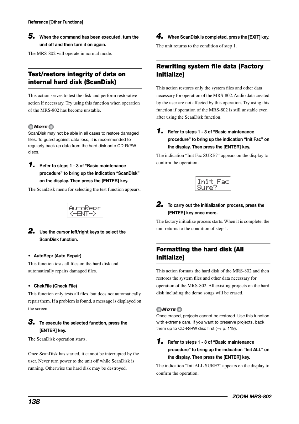 Rewriting system file data (factory initialize), Formatting the hard disk (all initialize) | Zoom MRS-802 User Manual | Page 138 / 172