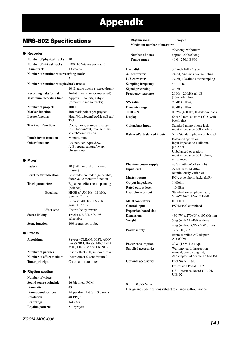 Appendix, Mrs-802 specifications | Zoom MRS-802 User Manual | Page 141 / 172