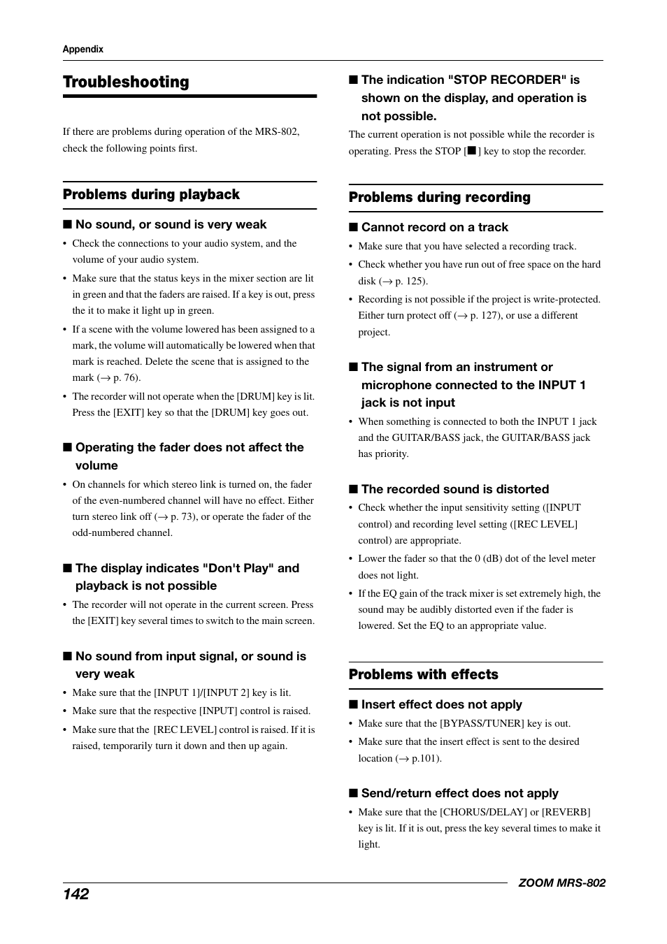 Troubleshooting, Problems during playback, Problems during recording | Problems with effects | Zoom MRS-802 User Manual | Page 142 / 172