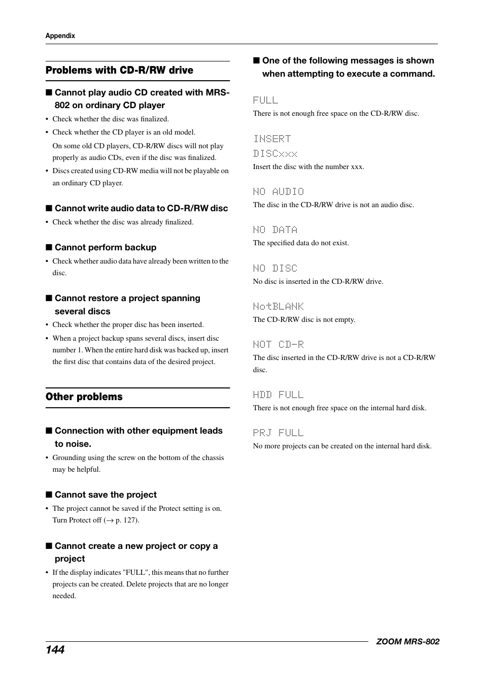 Other problems, Full, Insert discxxx | No audio, No data, No disc, Notblank, Not cd-r, Hdd full, Prj full | Zoom MRS-802 User Manual | Page 144 / 172