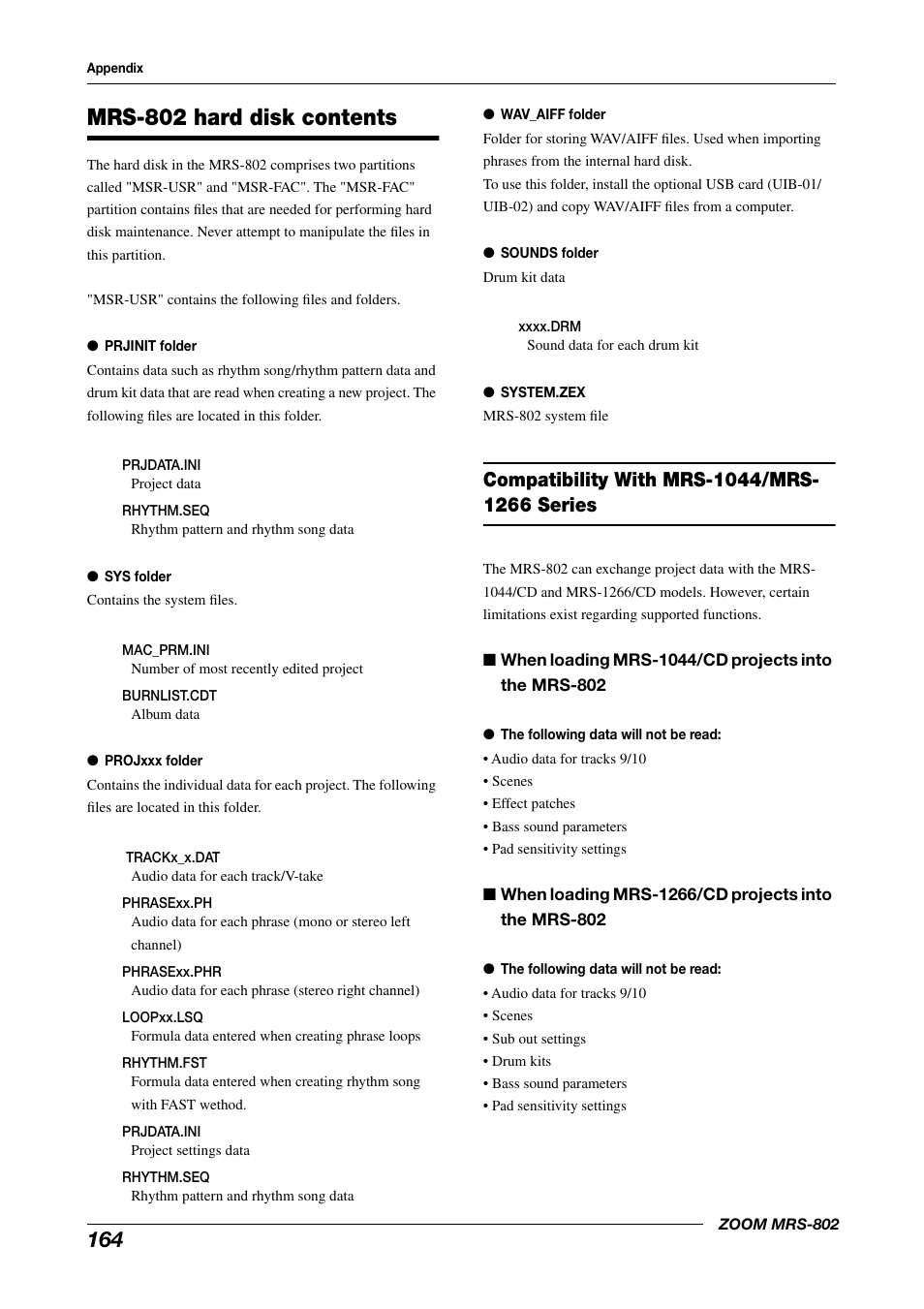 Mrs-802 hard disk contents, Compatibility with mrs-1044/mrs-1266 series | Zoom MRS-802 User Manual | Page 164 / 172
