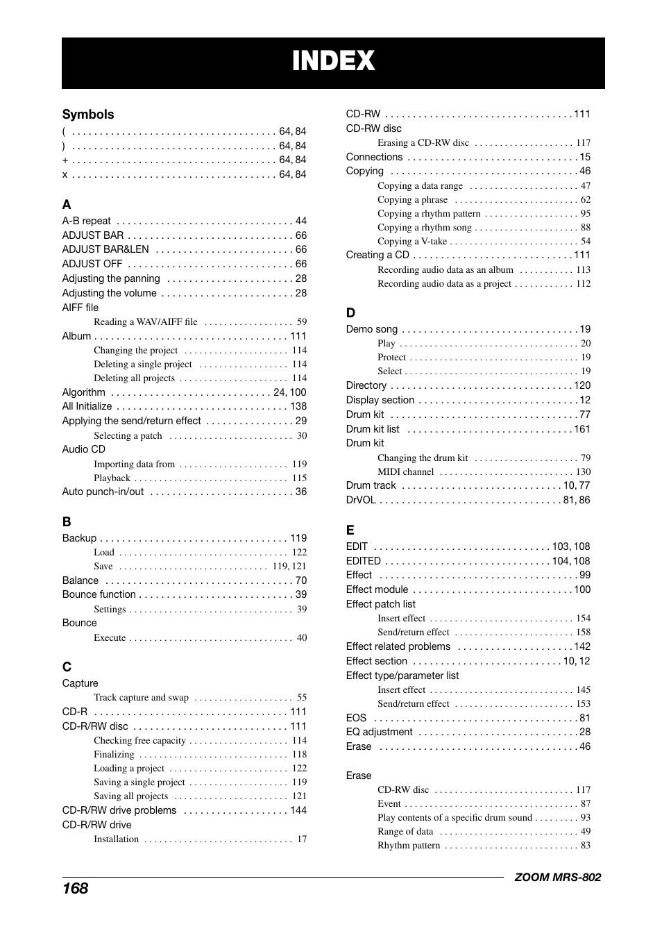 Index, Symbols | Zoom MRS-802 User Manual | Page 168 / 172